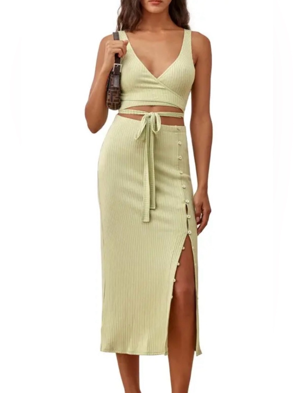 Ribbed Midi Skirt and wrap top set in Light Green with Side Button Slit on skirt
